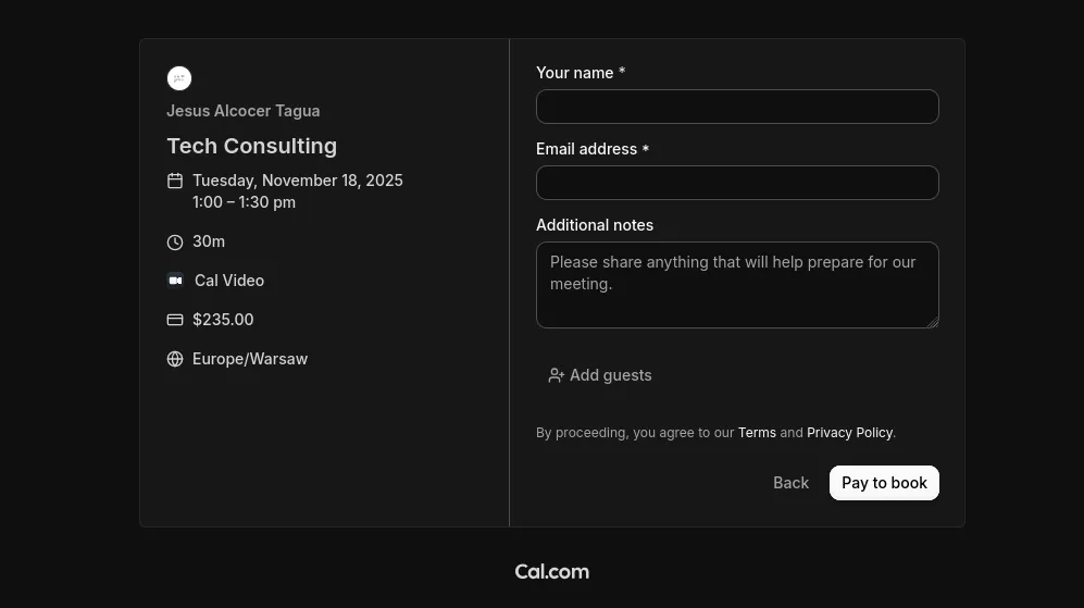 Cal.com Booking Calendar with Stripe Payment (in advance) Integration